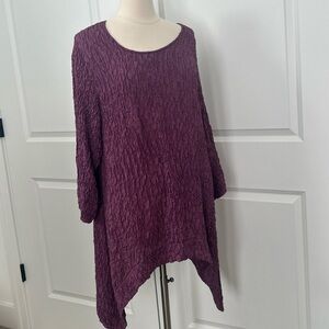 GRIZAS size L Silk Spandex Crinkle Asymmetrical Long Tunic Top Plum Purple